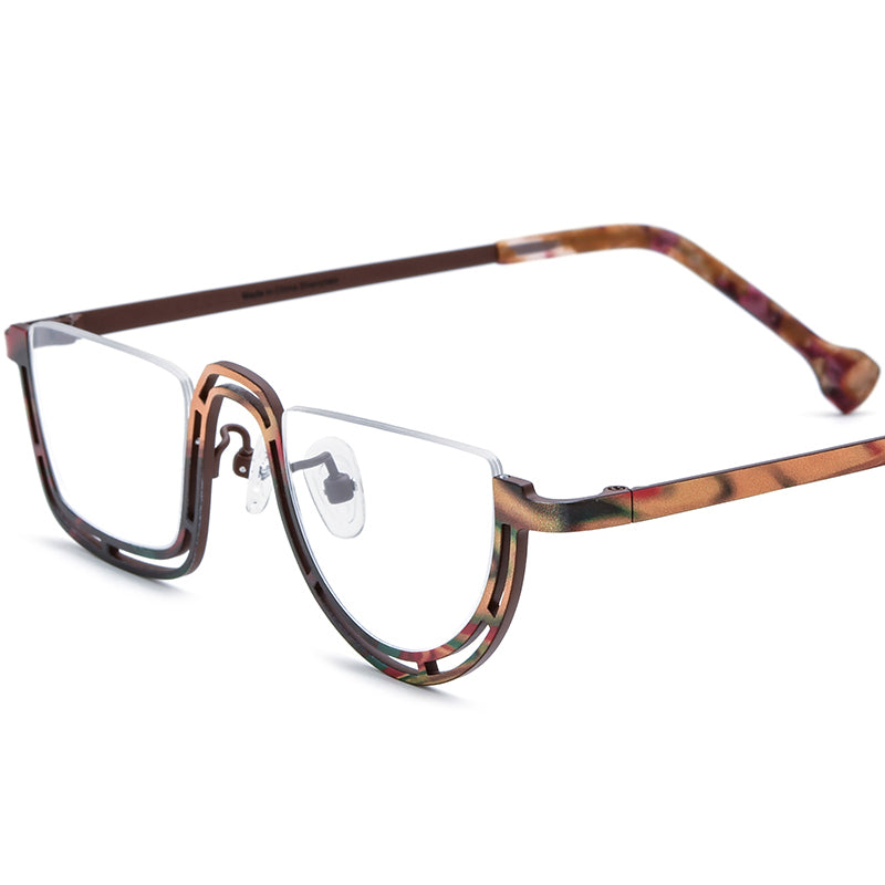 Titanium Semi-Rimless Round Glasses Frame Fashionable - Brown - MCROONS