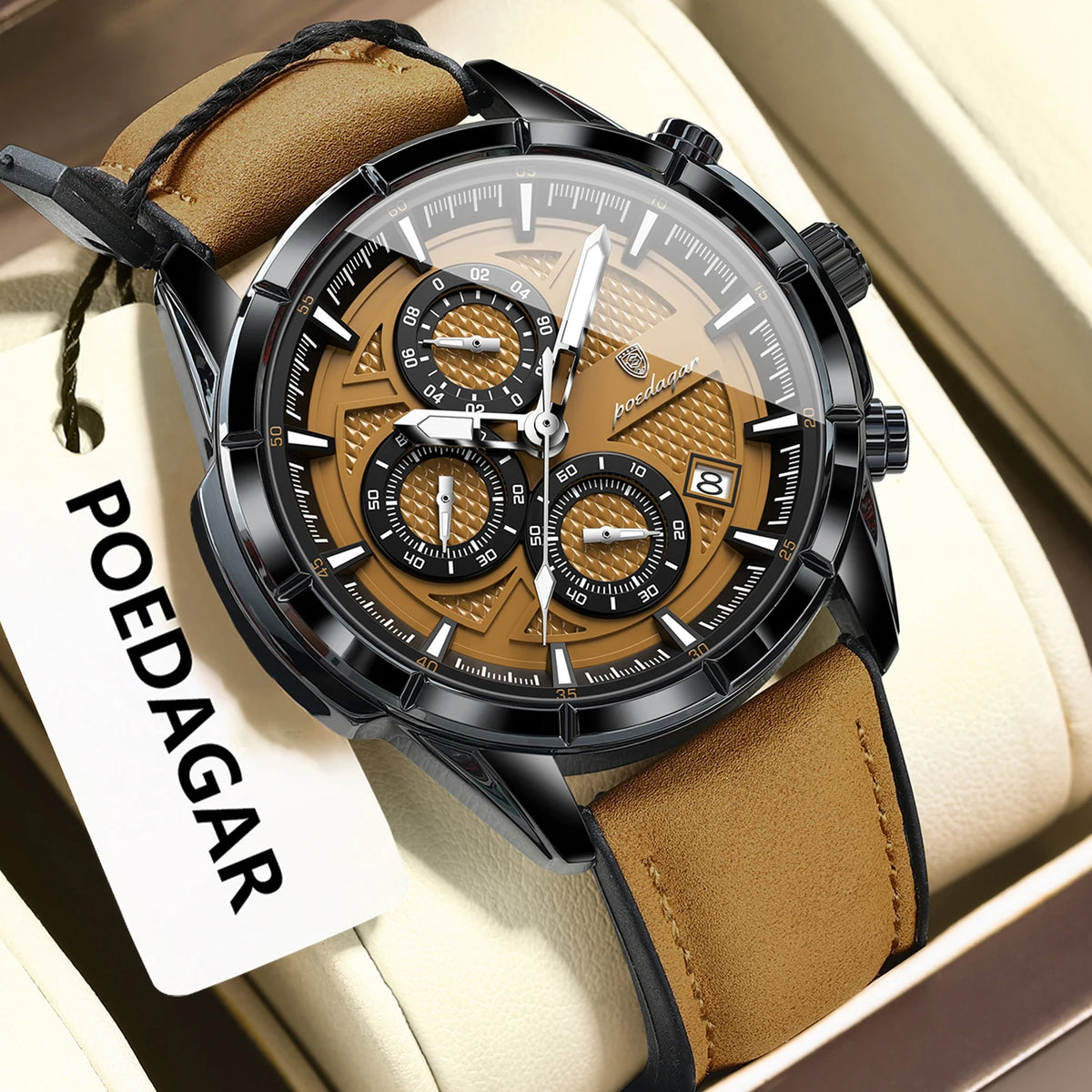 Poedagar 692 Men's Luxury Chronograph Quartz Watch – Leather Strap, Waterproof, Luminous, Date