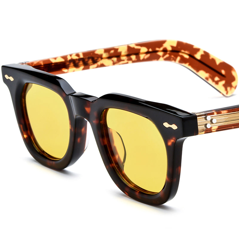 Vintage Square Thick Acetate Polarized Mirrored Sunglasses - Leopard Gold Yellow Lens - MCROONS