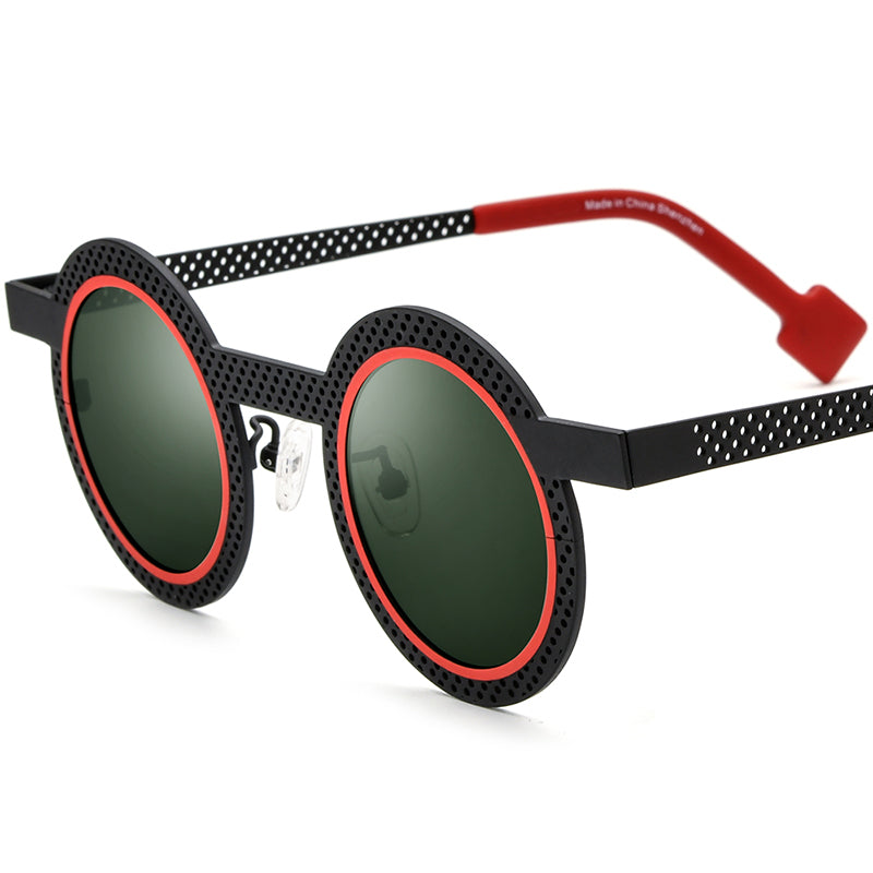 Colourful Titanium Hollow-Out Round Polarised Sunglasses - Black - MCROONS
