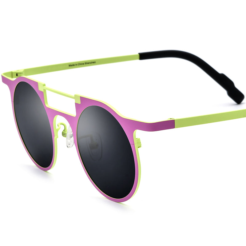 Colourful Titanium Round Polarised Sunglasses Retro - Pink Green Grey Lens - MCROONS