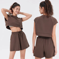 Women's New Spring Solid Pattern Sports Suit Casual Summer Yoga Jacket with Short Sleeve Blouse Above Knee Length Running Top