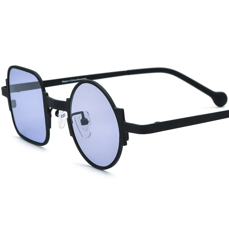 Asymmetric Titanium Square Round Polarised Sunglasses Vintage - Black Purple Lens - MCROONS