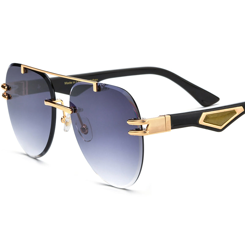 Oversized Rimless Aviator Sunglasses with Horn Temple - Black Grey Lens - MCROONS