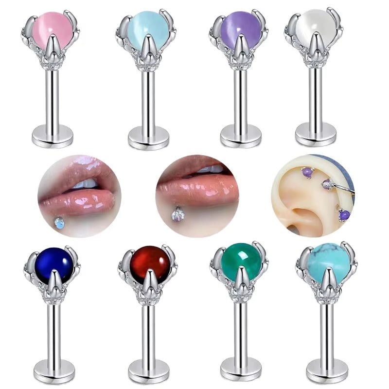 Elegant Dragon Claw Labret Lip Ring with Opalite Center Surgical Steel Fits Cartilage & Helix Earrings Perfect for Casual Attire - MCROONS.COM