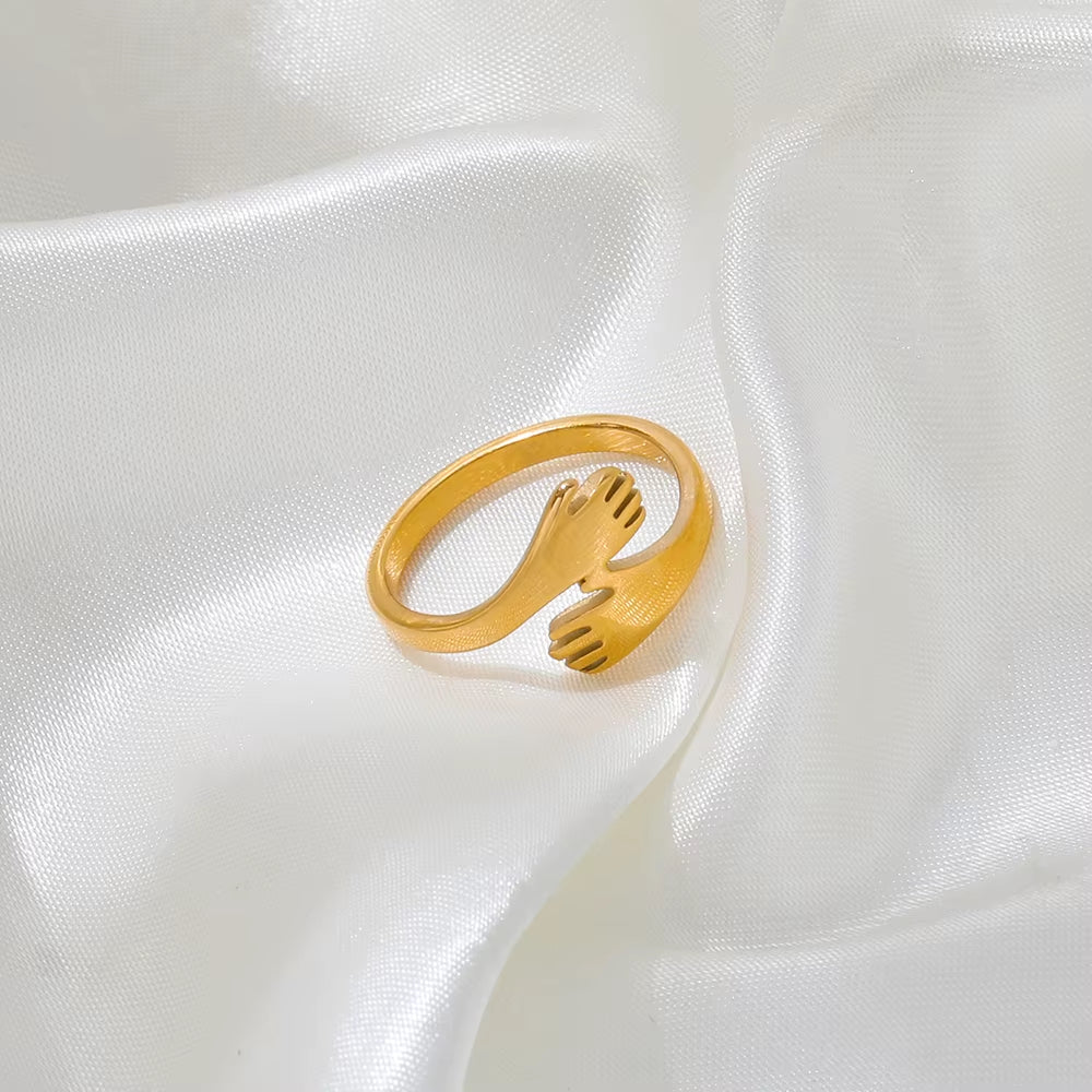 High End 18K Gold Plated Hand Hug Stainless Steel Finger Rings Fashion Jewelry - MCROONS.COM