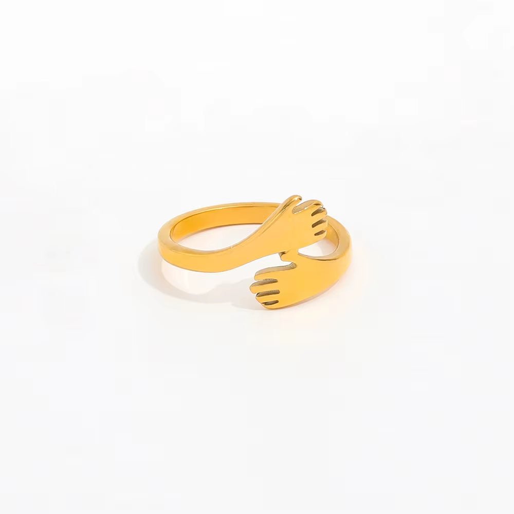 High End 18K Gold Plated Hand Hug Stainless Steel Finger Rings Fashion Jewelry - MCROONS.COM