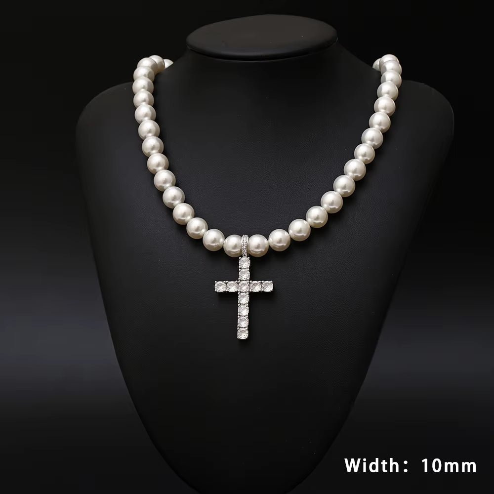 NUOYA Jewelry Wholesale Pearl Necklace with CZ Stone Cross Pendant Women Pearl Choker - MCROONS.COM