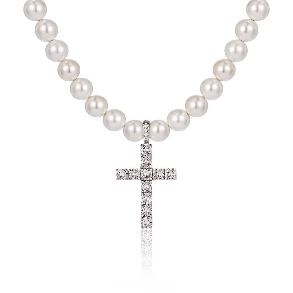 NUOYA Jewelry Wholesale Pearl Necklace with CZ Stone Cross Pendant Women Pearl Choker - MCROONS.COM