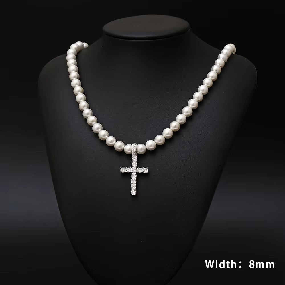 NUOYA Jewelry Wholesale Pearl Necklace with CZ Stone Cross Pendant Women Pearl Choker - MCROONS.COM