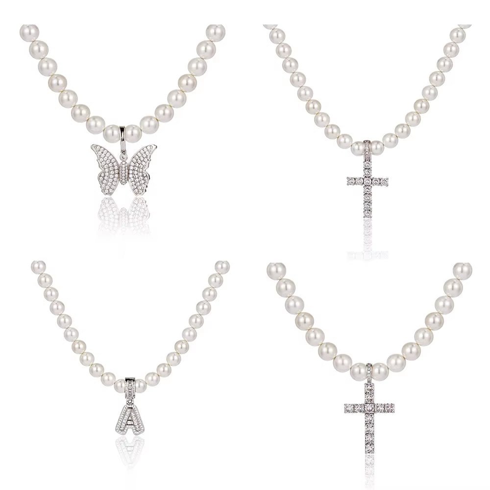 NUOYA Jewelry Wholesale Pearl Necklace with CZ Stone Cross Pendant Women Pearl Choker - MCROONS.COM