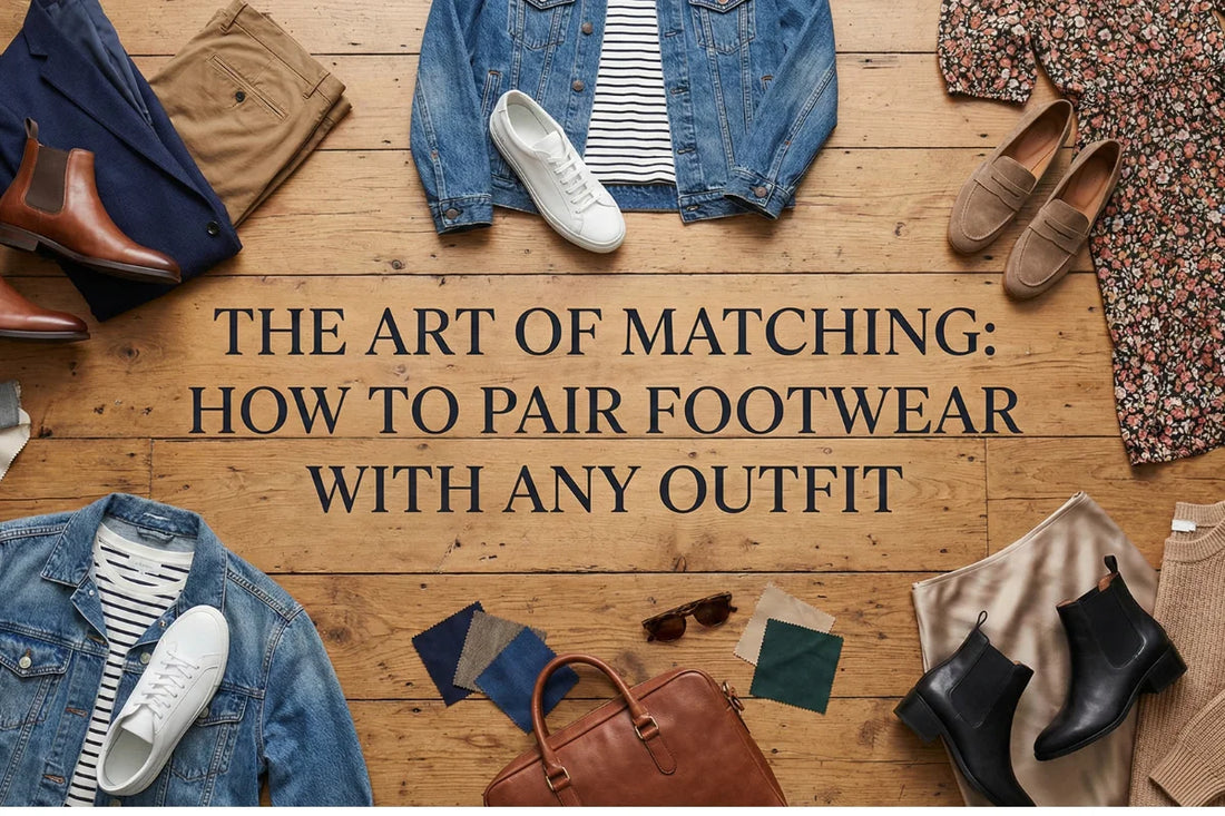 Various clothing and footwear styles arranged on a wooden floor with text: The Art of Matching: How to Pair Footwear with Any Outfit