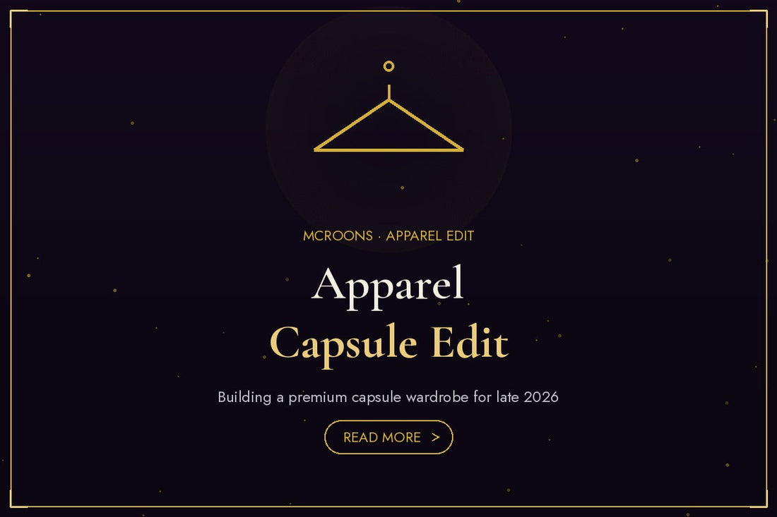 Apparel Edit blog banner - flat gold illustration full-bleed on dark background with hanger icon