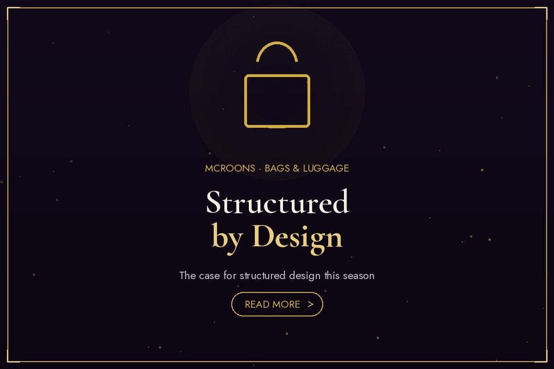 Bags and Luggage blog banner - flat gold illustration full-bleed on dark background with bag icon