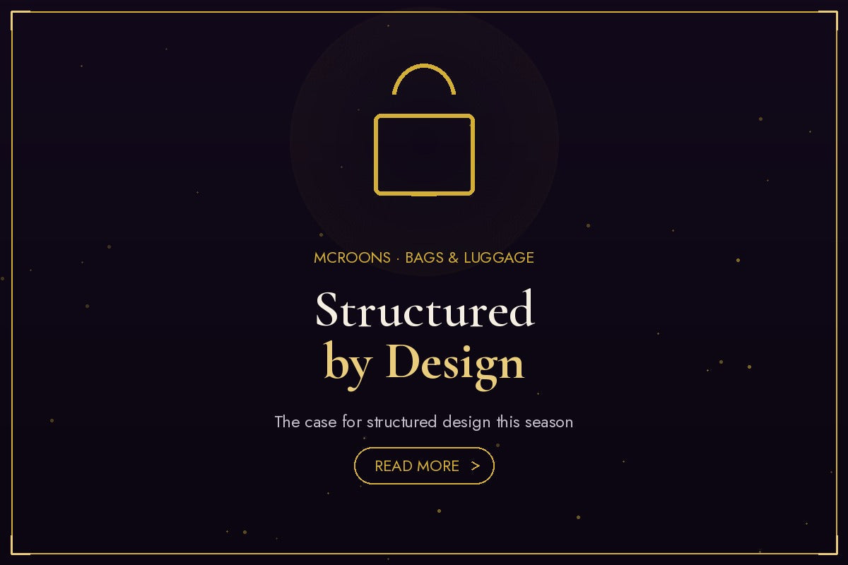 Bags and Luggage blog banner - flat gold illustration full-bleed on dark background with bag icon
