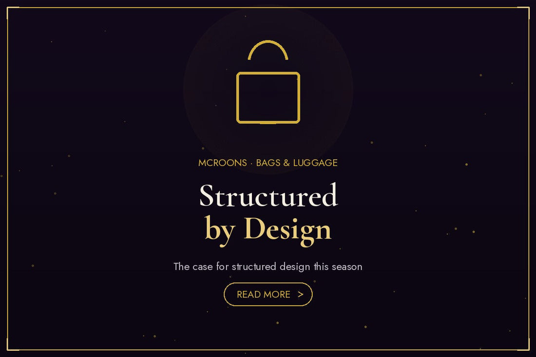 Bags and Luggage blog banner - flat gold illustration full-bleed on dark background with bag icon