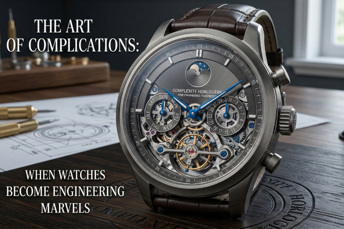 Luxury skeleton watch with visible gears and brown leather strap on a desk with watchmaking tools