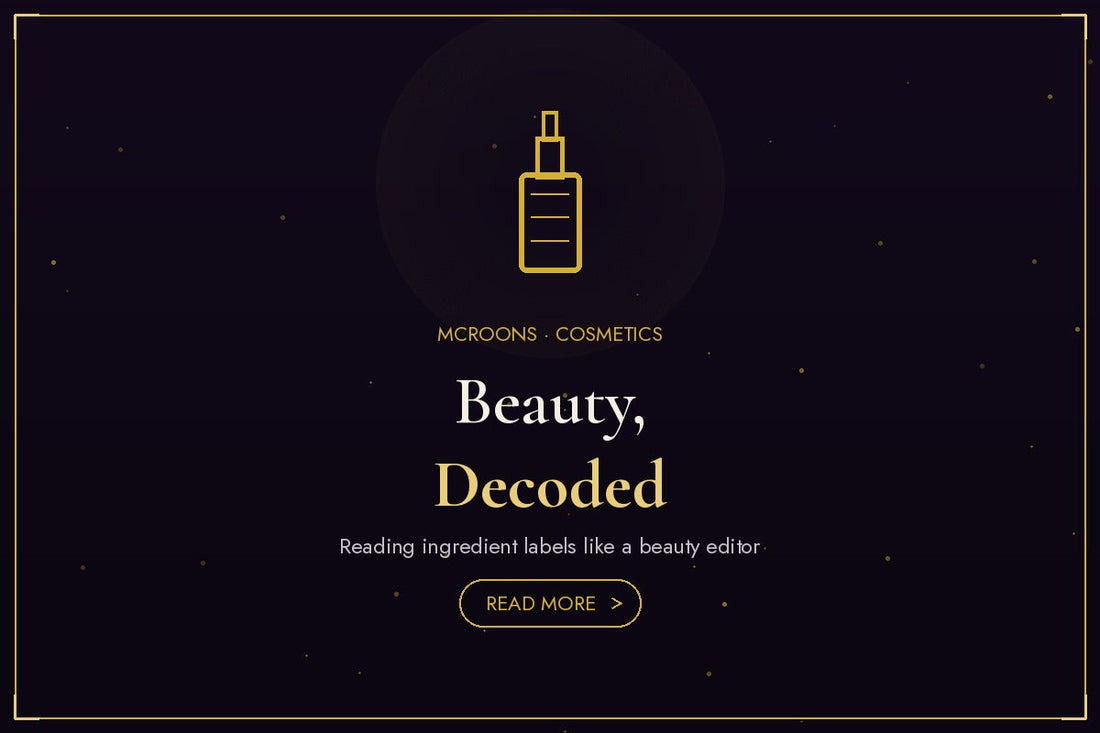 Cosmetics blog banner - flat gold illustration full-bleed on dark background with bottle icon