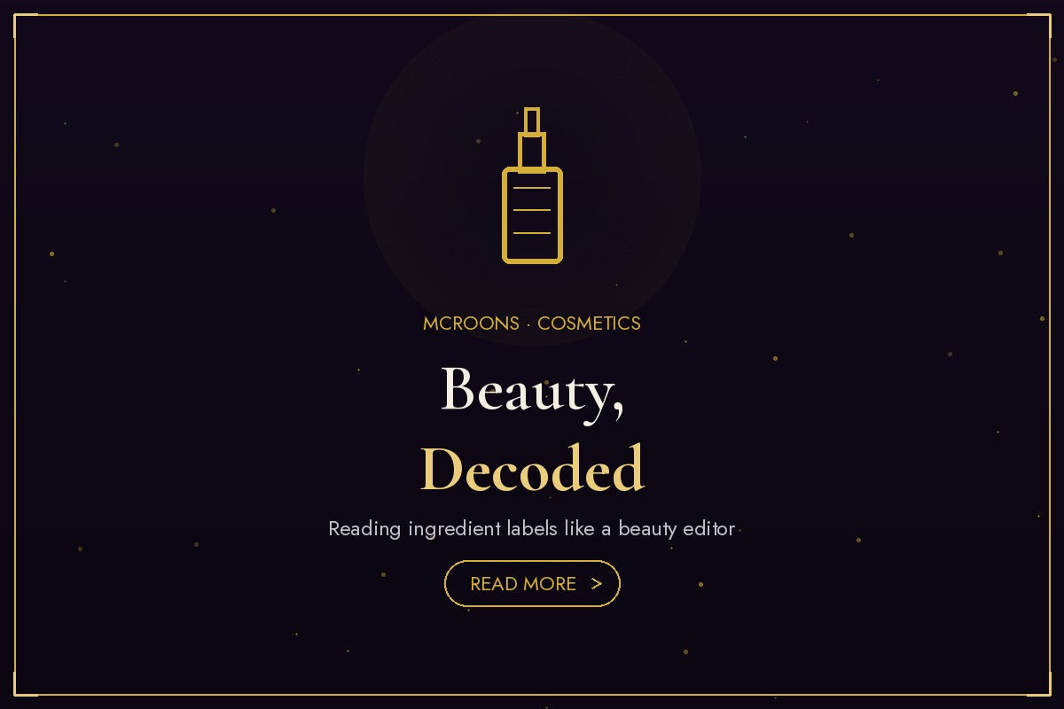 Cosmetics blog banner - flat gold illustration full-bleed on dark background with bottle icon