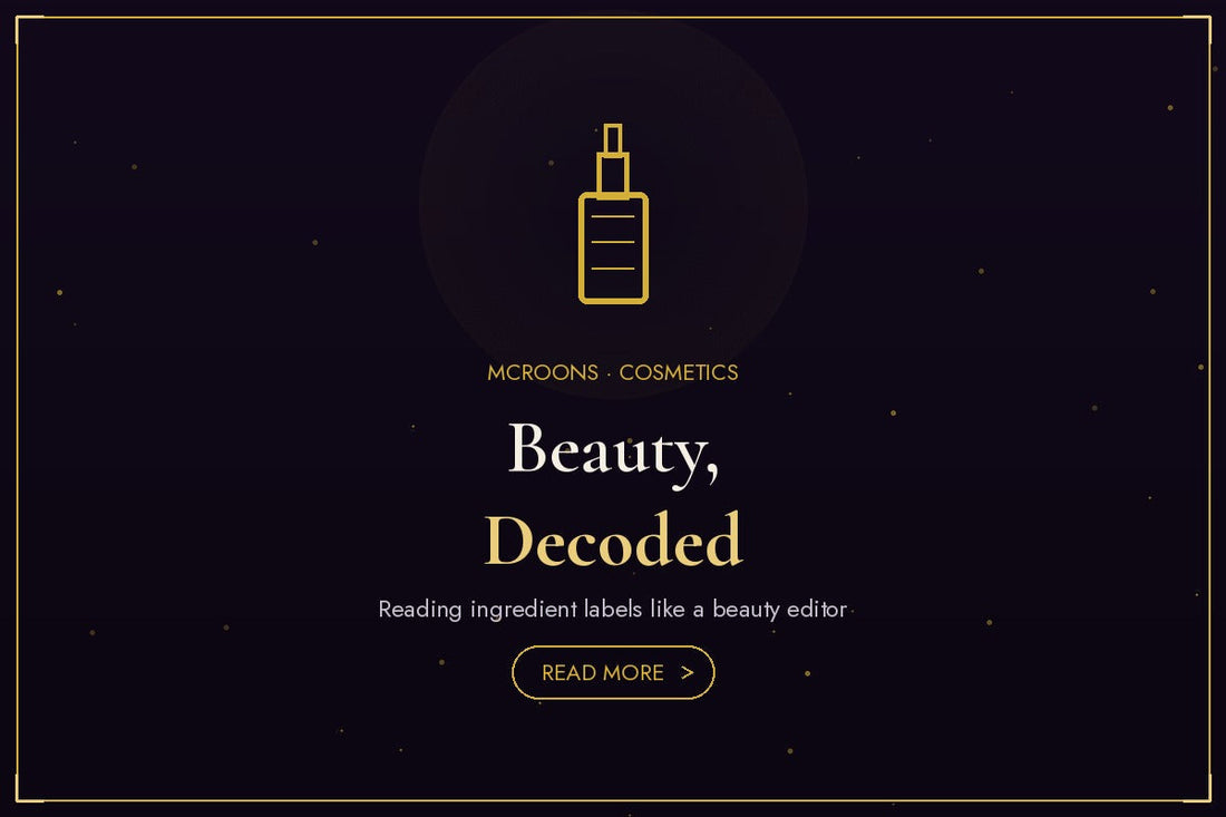 Cosmetics blog banner - flat gold illustration full-bleed on dark background with bottle icon