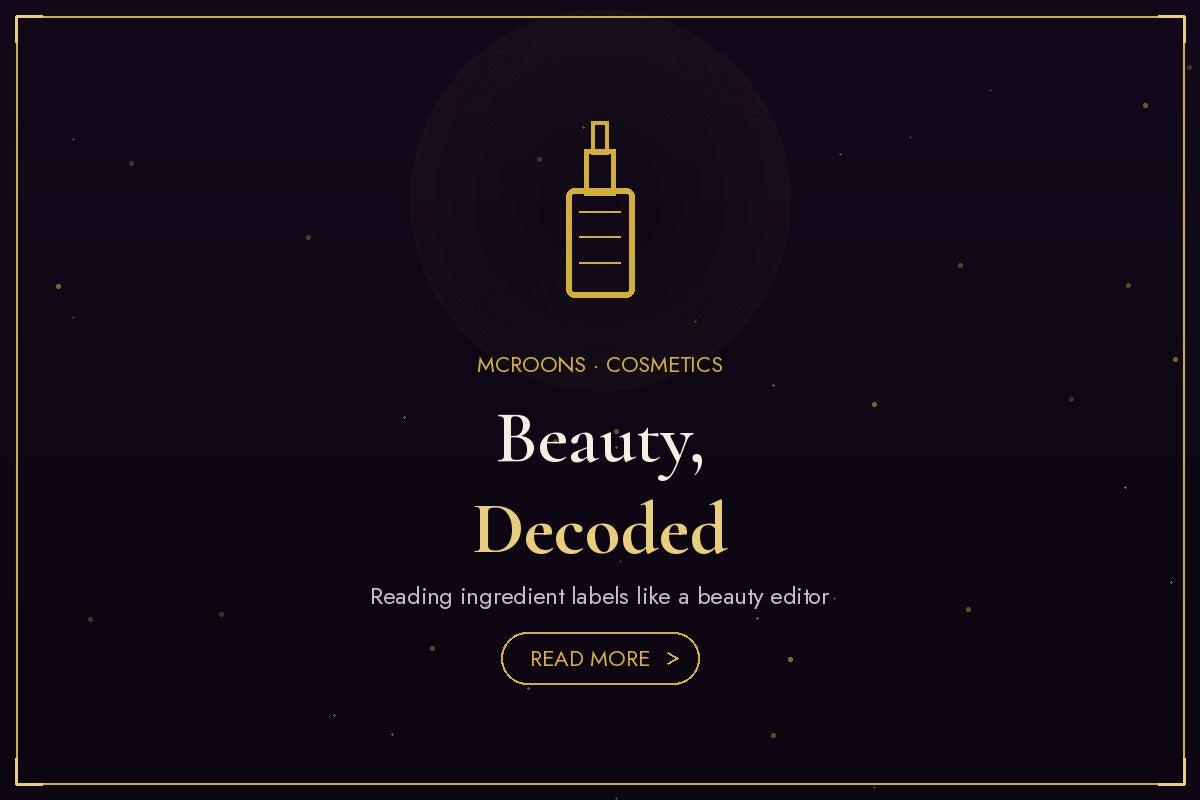 Cosmetics blog banner - flat gold illustration full-bleed on dark background with bottle icon