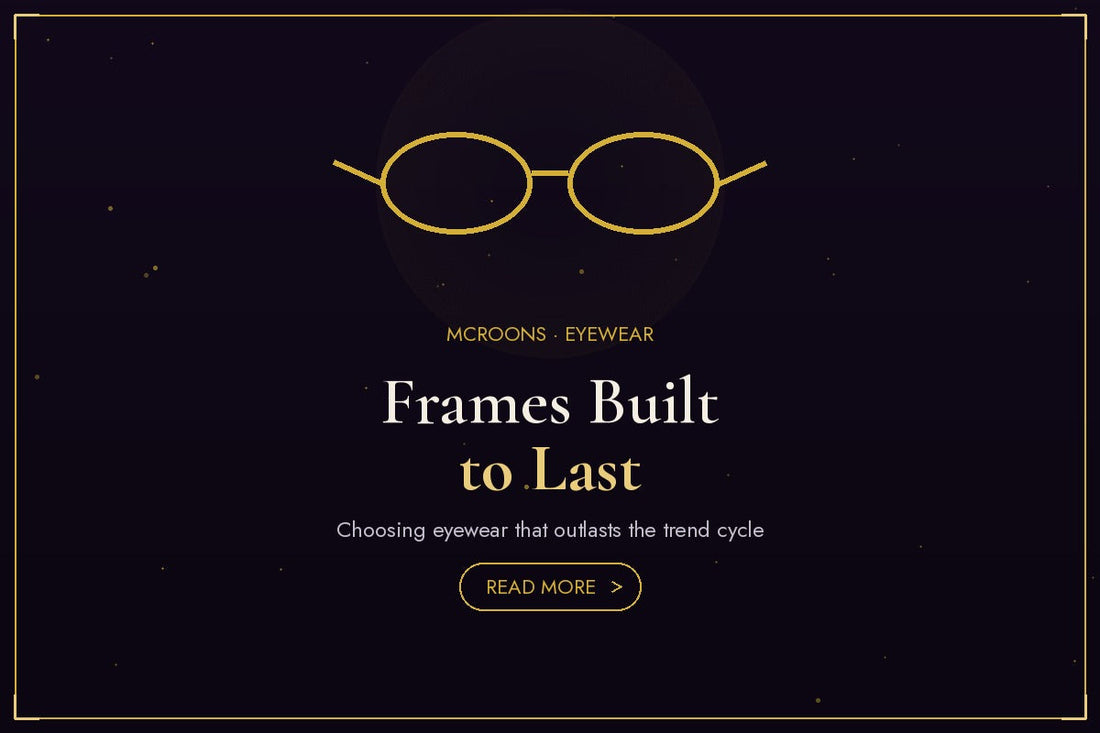Eyewear blog banner - flat gold illustration full-bleed on dark background with glasses icon