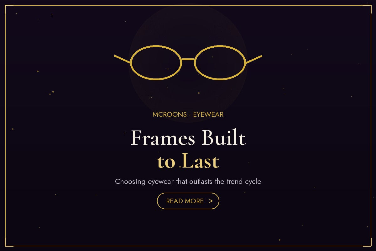 Eyewear blog banner - flat gold illustration full-bleed on dark background with glasses icon