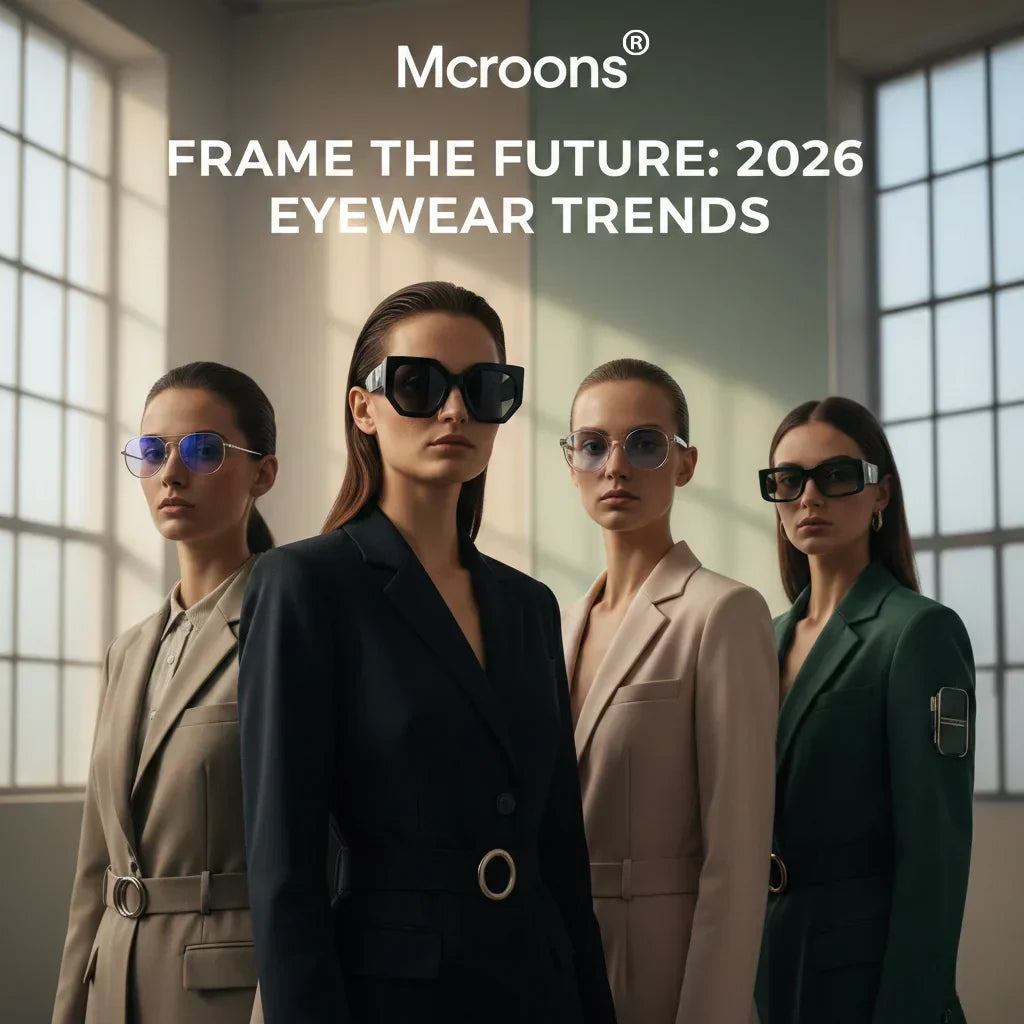 Beautiful cat eye glasses in various colors worn by women in stylish suits, modern setting
