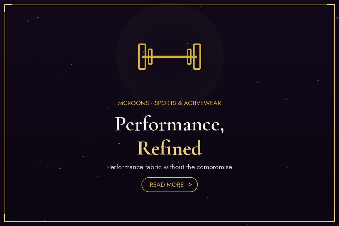 Sports and Activewear blog banner - flat gold illustration full-bleed on dark background with dumbbell icon