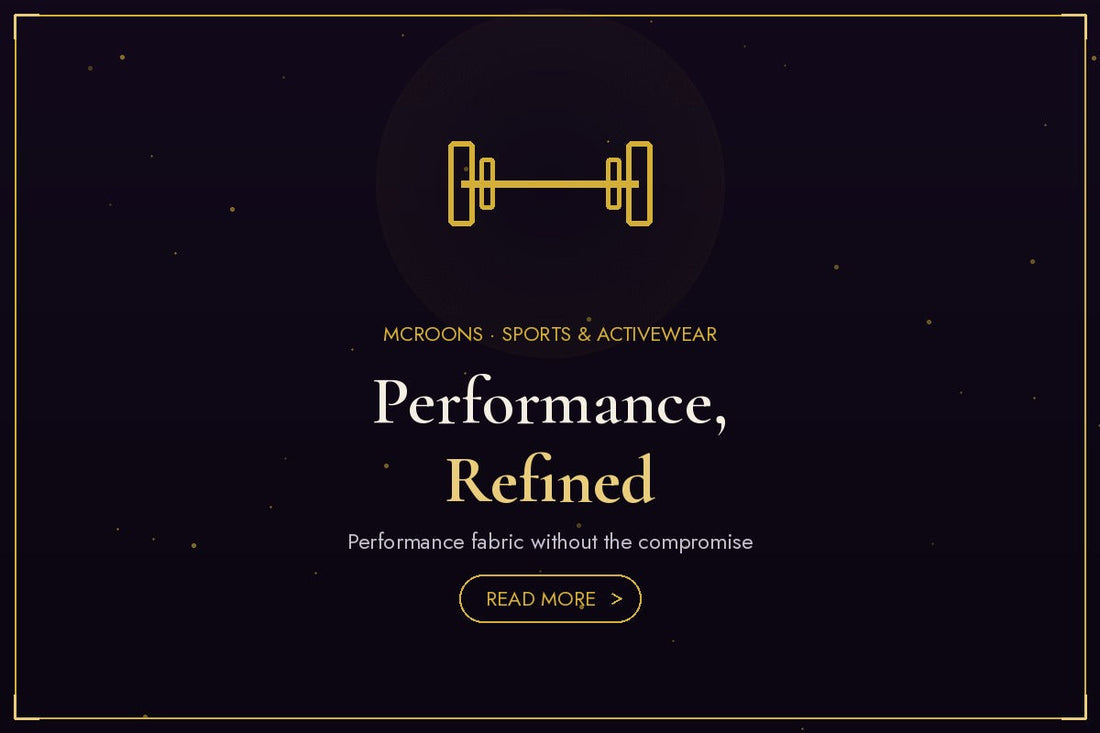 Sports and Activewear blog banner - flat gold illustration full-bleed on dark background with dumbbell icon
