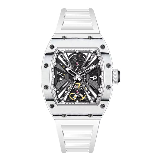 Men'S Trendy Luxury Skeleton Mechanical Watch Luminous Carbon Fiber Barrel-Type with Silicone Band Summer Type