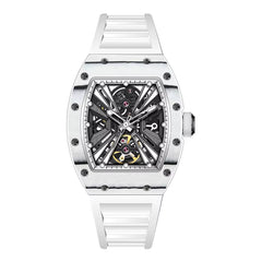 Men'S Trendy Luxury Skeleton Mechanical Watch Luminous Carbon Fiber Barrel-Type with Silicone Band Summer Type