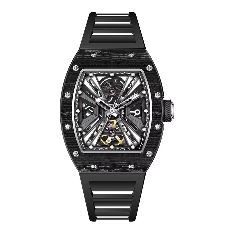 Men'S Trendy Luxury Skeleton Mechanical Watch Luminous Carbon Fiber Barrel-Type with Silicone Band Summer Type