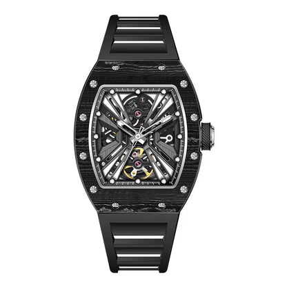 Men'S Trendy Luxury Skeleton Mechanical Watch Luminous Carbon Fiber Barrel-Type with Silicone Band Summer Type