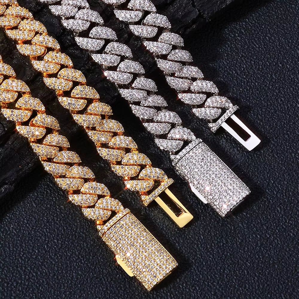 NUOYA 10Mm 925 Silver Flip Buckle 3 Rows Diamond Cuban Chain Iced Out VVS Moissanite Cuban Necklace Hip Hop Jewelry