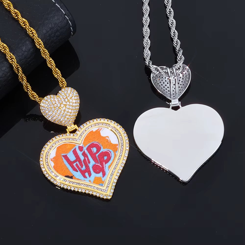 NUOYA Hot Sale Heart Hook Picture Memory Medallions Pendants Hiphop Bling Cubic Zircon Heart Photo Pendant Jewelry