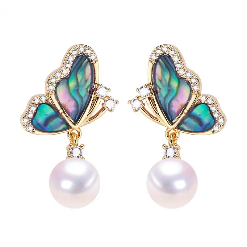 Wholesale Abalone Shell Butterfly 5A Grade Natural Freshwater Pearl Stud Earrings for Women High Quality Jewelry