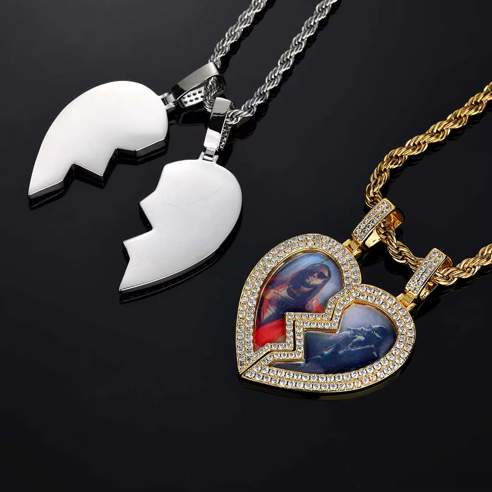 Hip Hop Fine Jewelry Iced Out Broken Heart Charm Photo Necklace White Gold Plated Custom Memory Photo Frame Pendant