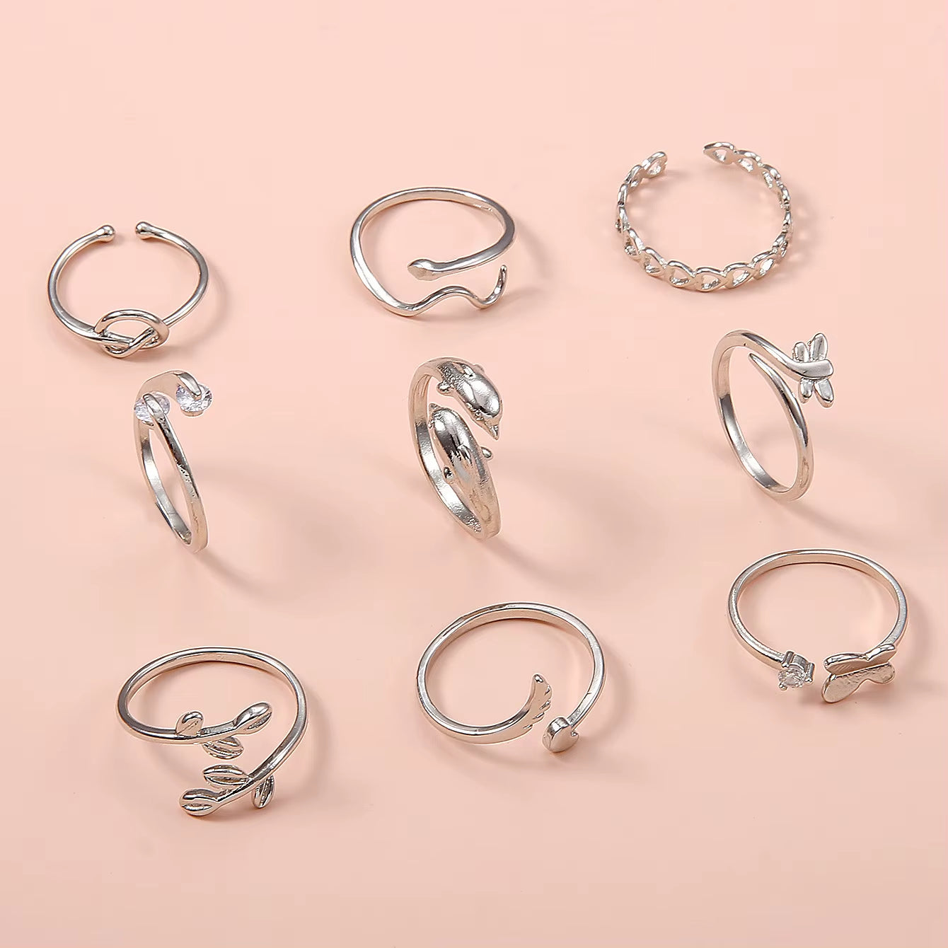 2025 New Adjustable 9 Piece Ring Set Butterfly Vintage Love Geometric Silver Rings Toe Rings for Women or Men