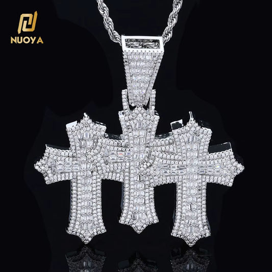 NUOYA High Quality 3-In-1 Micro Pave Bling Baguette Cubic Zirconia Cross Pendant Silver Gold Plated Brass Diamond Charm Pendants