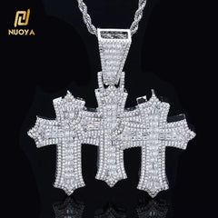NUOYA High Quality 3-In-1 Micro Pave Bling Baguette Cubic Zirconia Cross Pendant Silver Gold Plated Brass Diamond Charm Pendants