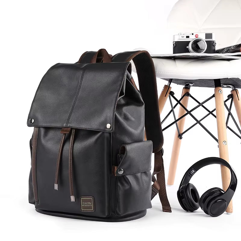Custom Logo Waterproof Pu Leather Black School Men Backpack for University Students Travel Laptop Backpack