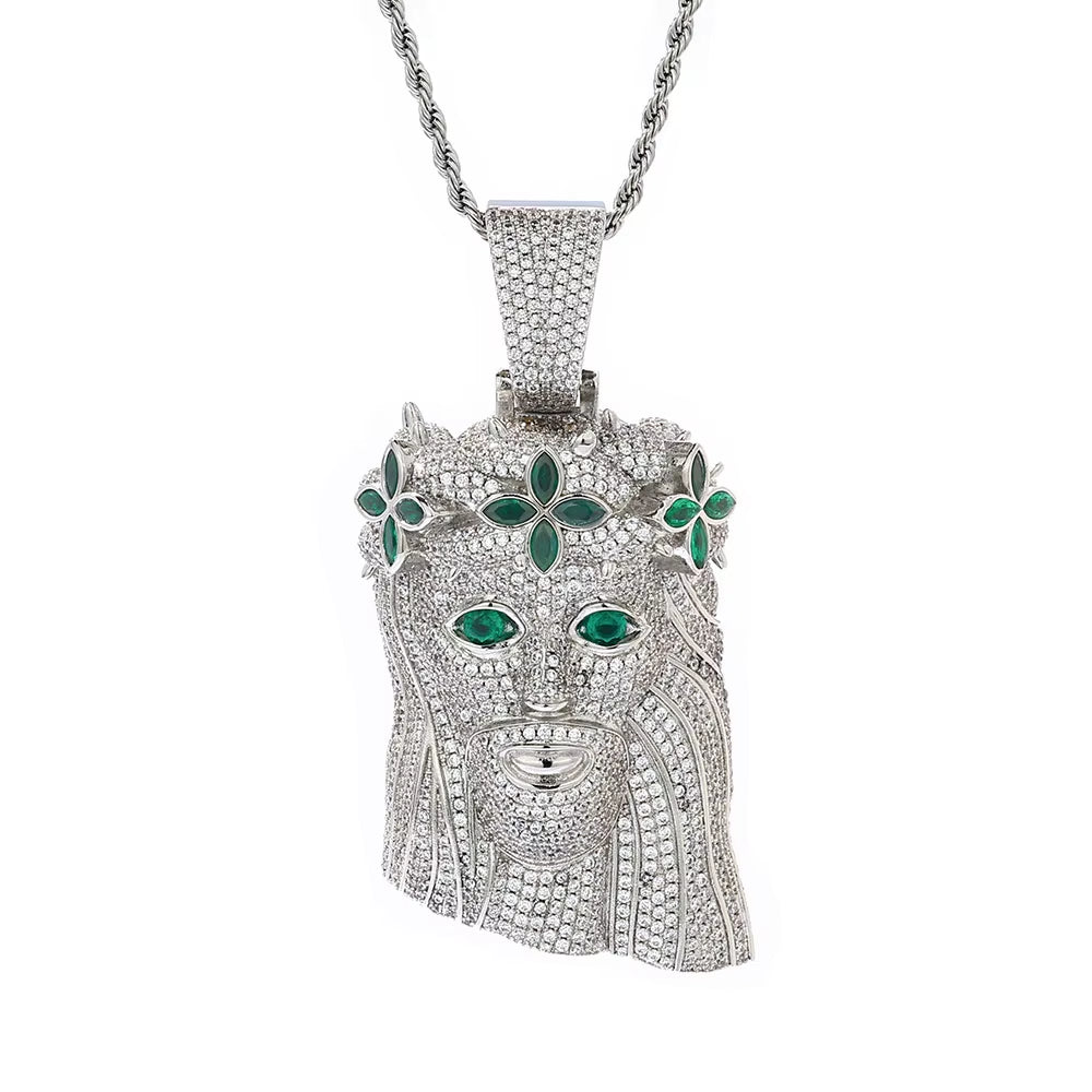 NUOYA Large Heavy Jesus Pendant Necklace Hip Hop Style Bling Green Zircon Four Leaf Clover Jesus Pendant Jewelry