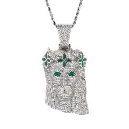 NUOYA Large Heavy Jesus Pendant Necklace Hip Hop Style Bling Green Zircon Four Leaf Clover Jesus Pendant Jewelry