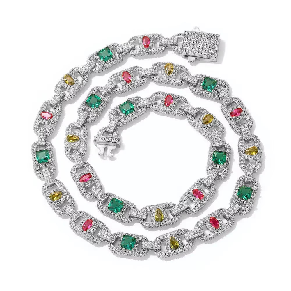 NUOYA Luxury Colorful Zircon Cuban Chain Necklace Silver Plated Mixed Inlaid Iced Out Diamond Hip Hop Fine Jewelry