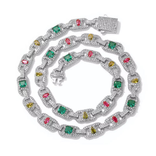 NUOYA Luxury Colorful Zircon Cuban Chain Necklace Silver Plated Mixed Inlaid Iced Out Diamond Hip Hop Fine Jewelry