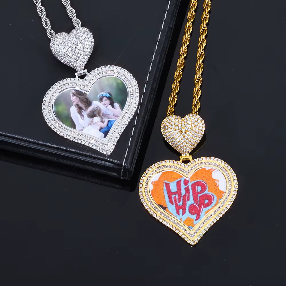 NUOYA Hot Sale Heart Hook Picture Memory Medallions Pendants Hiphop Bling Cubic Zircon Heart Photo Pendant Jewelry
