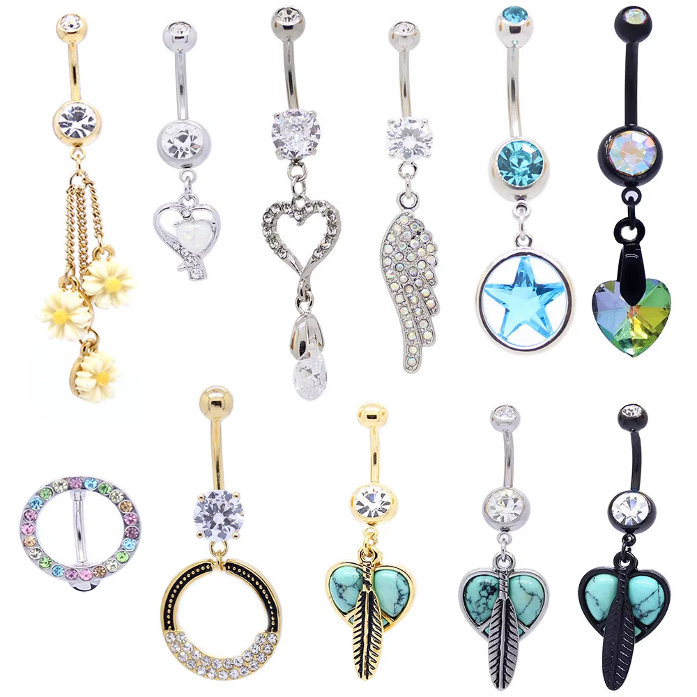 Xinfocus 2024 Hot Selling 14K Solid Gold Stainless Steel Wholesale Flower Heart Star Belly Navel Rings Body Piercing Jewelry