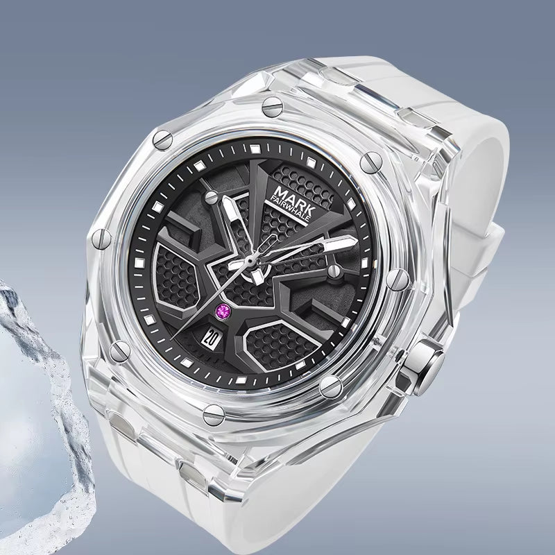 Mark Fairwhale 5920 Men Quartz Watches with Octagonal and Clear Case Silicone Strap Waterproof Sporty Stylish Man Wristwatches