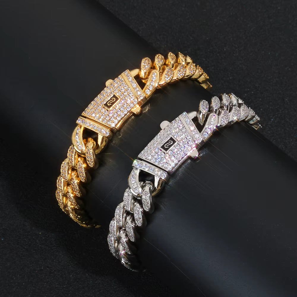 NUOYA Iced Out 925 Silver Bracelet 12Mm Width VVS Moissanite Cuban Link Chain Mens Bling Hip Hop Luxury Jewelry
